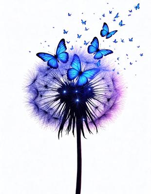 The primary subject of the image is a purple flower with blue butterflies flying around it. The flower is the focal point of the scene, and it is set against a white background. The visual style of the image is digital art, as it is a detailed and intricate illustration of the flower and butterflies. The dominant colors in the image are purple and blue, creating a calm and serene atmosphere.